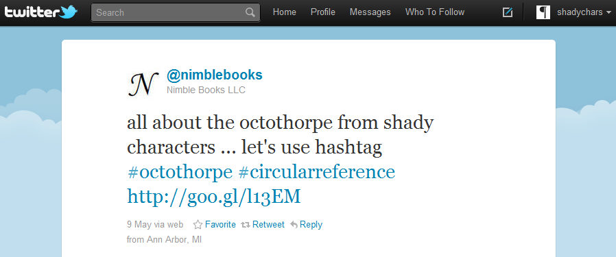 Nimble Books uses the recursive hashtag '#octothorpe'