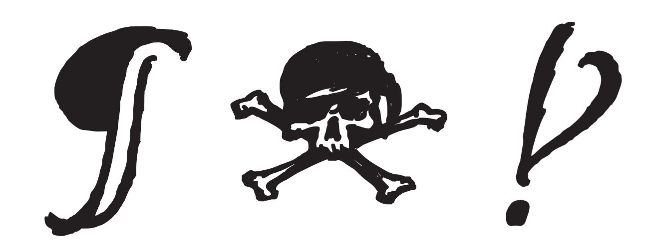 A pilcrow, skull and crossbones, and interrobang from Captain Quill. Jim explained that the skull & bones is mapped to Unicode's own skull-and-bones symbol (Unicode 2620, or ‘☠’), but that it is also encoded to the ‘notdefined’ character -- when a specified character is not available, a grinning skull will appear in its place. In addition, Jim said, "ALL CAPS setting was forbidden due to their swashbuckling nature. So if you tried to set all caps, the text would automatically be replaced with skull & bones. You’d have to turn off contextual alternates to get around this feature. I got away with this for a while, but I think that feature has been removed since then." (Captain Quill™ is a trademark of Ascender.)
