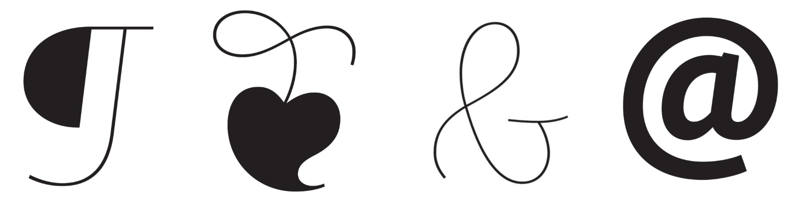 A pilcrow, hedera, ampersand and @-symbol from Jim Ford's Quire Sans. (Quire Sans™ is a trademark of Monotype Imaging Inc. and may be registered in certain other jurisdictions.)