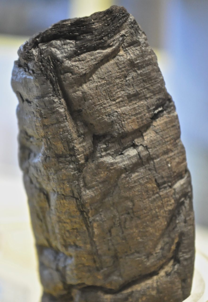A charred scroll excavated at Herculaneum. (Image courtesy of Emmanuel Brun at the European Synchrotron Radiation Facility.)