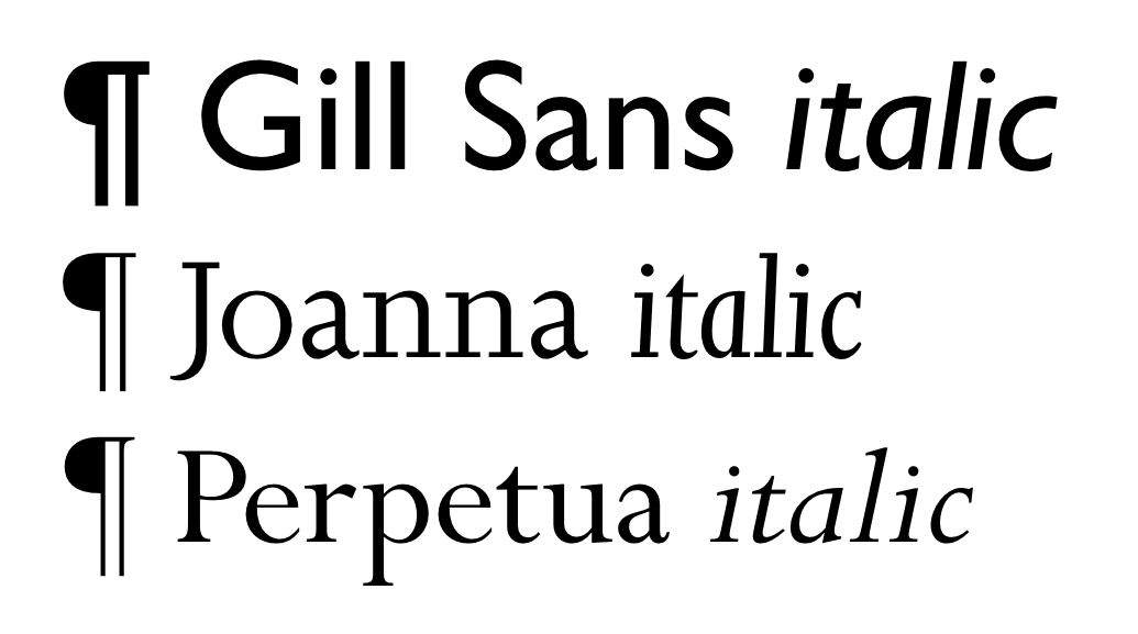 Gill Sans, Joanna and Perpetua font specimens