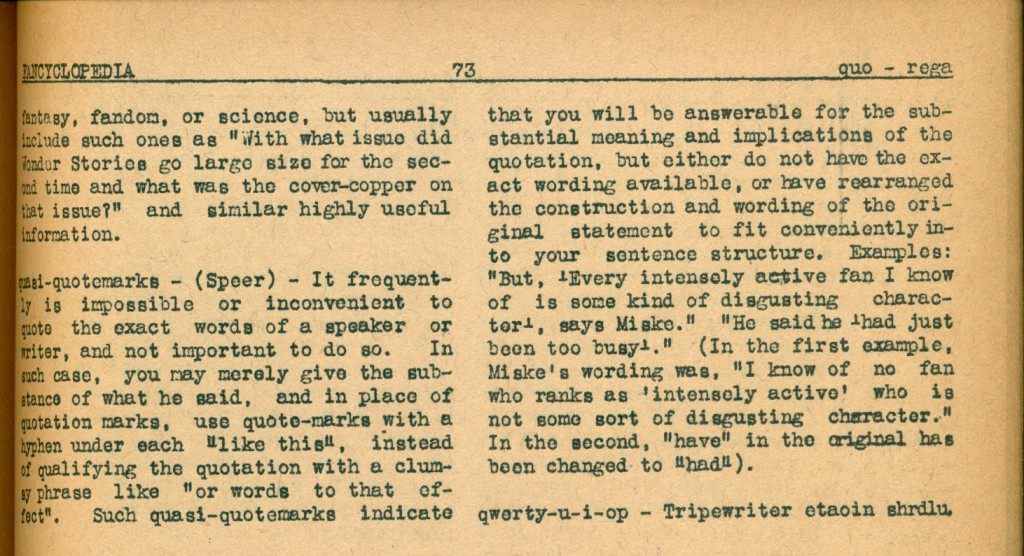 Definition of the quasiquote as given in the 1944 Fancyclopedia, written by Jack Speer. (Public domain image courtesy of Ned Brooks.)