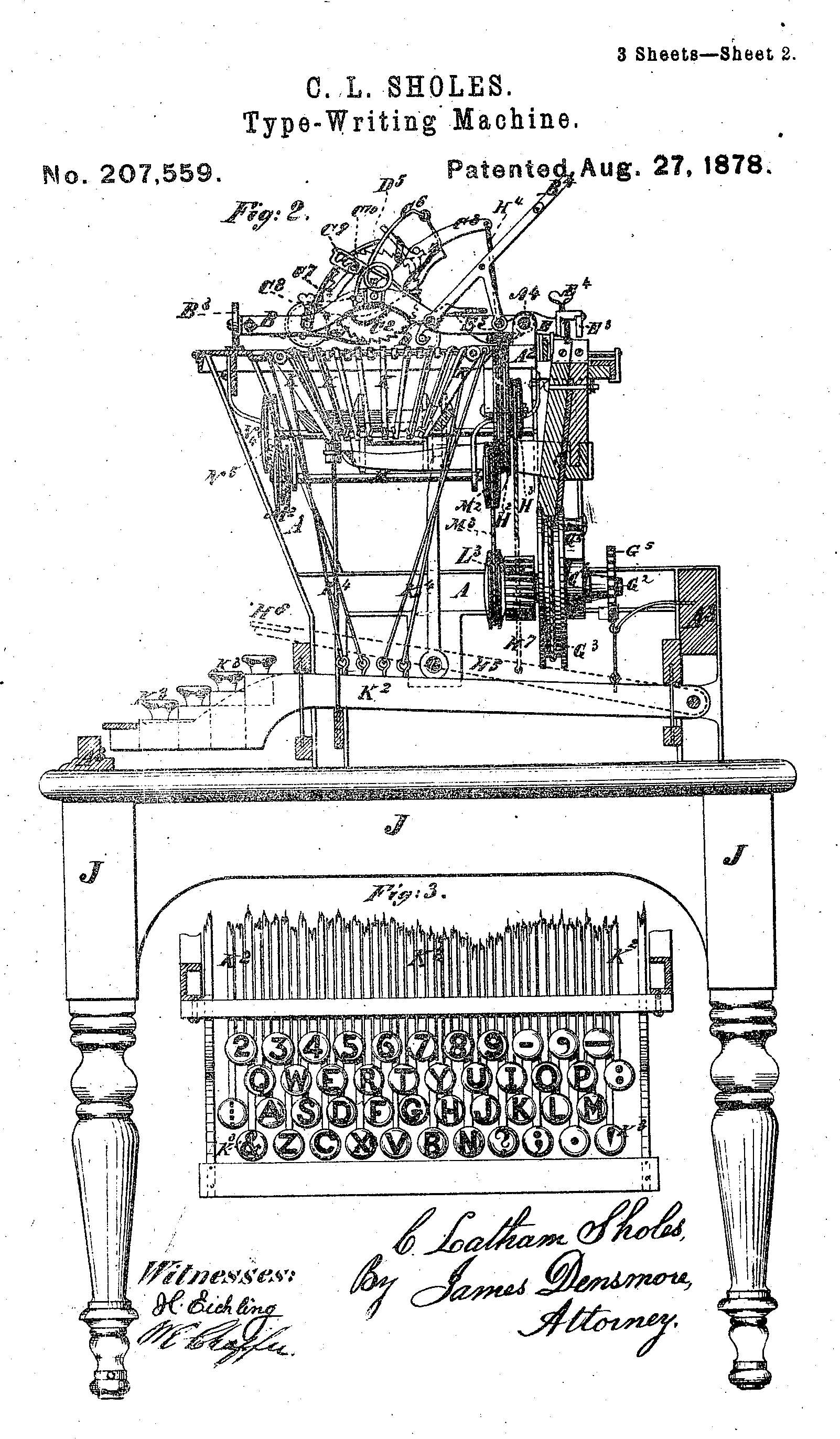 Page 2 of Christopher Latham Sholes' 1878 typewriter patent, showing the mysterious '⋮' on the leftmost key of the third row. (Image courtesy of Google Patent Search.)