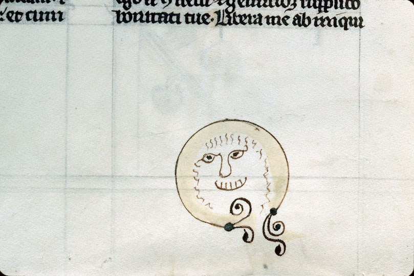 A cheery face in the pages of a manuscript dated to the second half of the thirteenth century. (Conches-en-Ouche, Musée du verre, ms. 0007, f. 061.)
