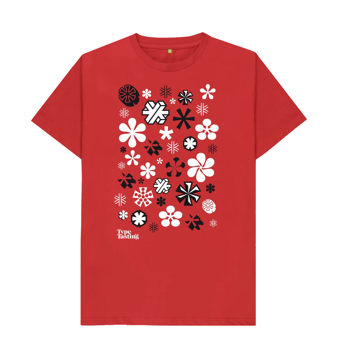 Red T-shirt printed with snow in the form of asterisks