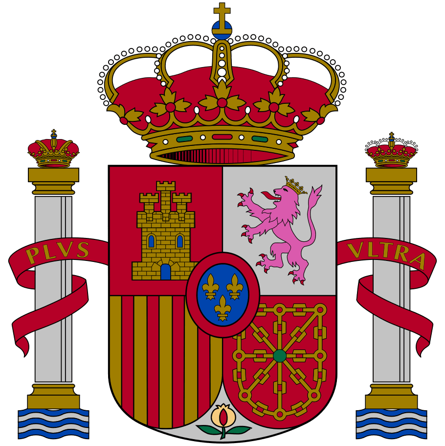 The Spanish coat of arms, showing a shield surmounted by a crown and flanked by the pillars of Hercules.