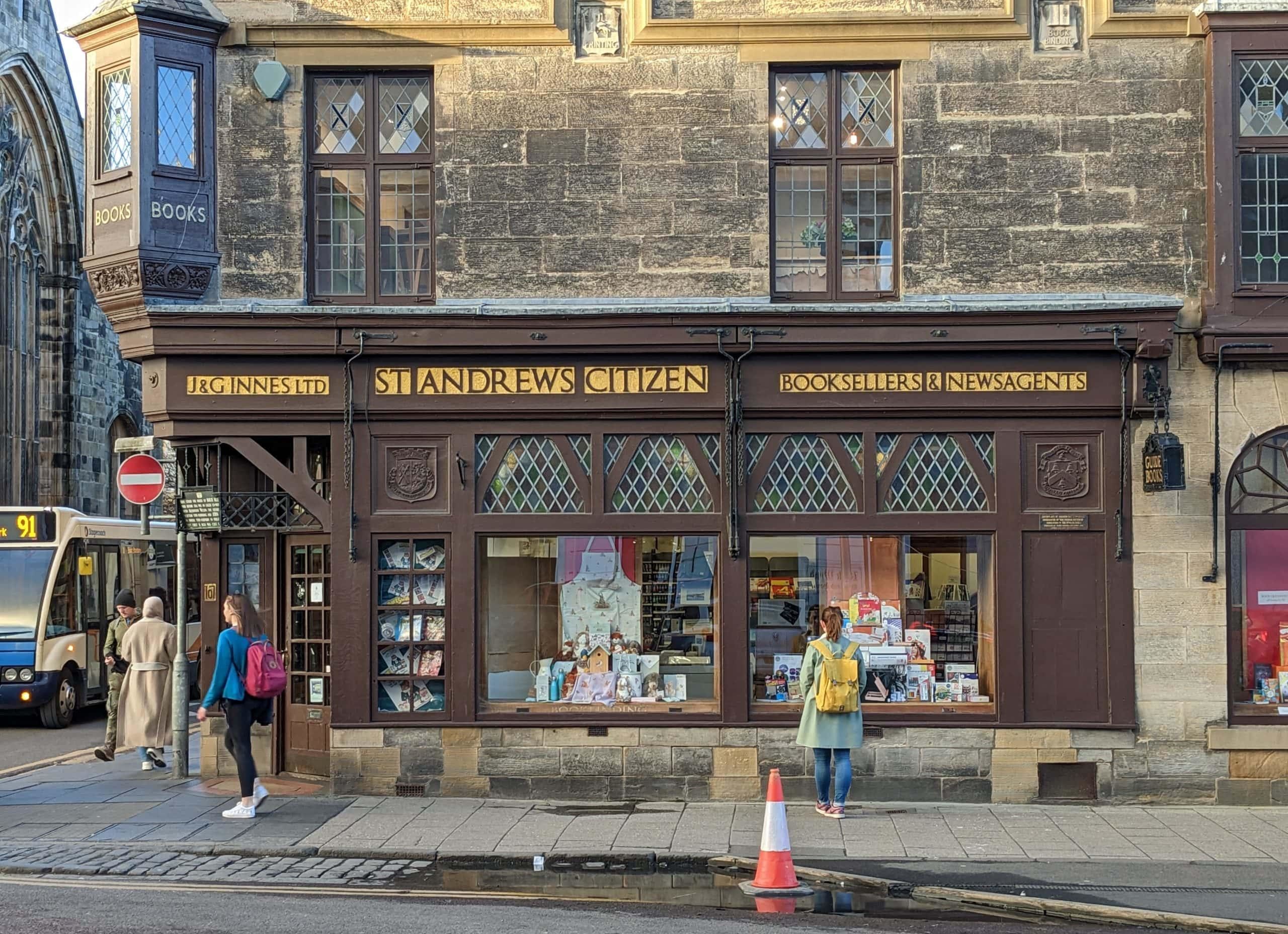 A picture of J&G Innes, booksellers in St Andrews, taken from South Street.