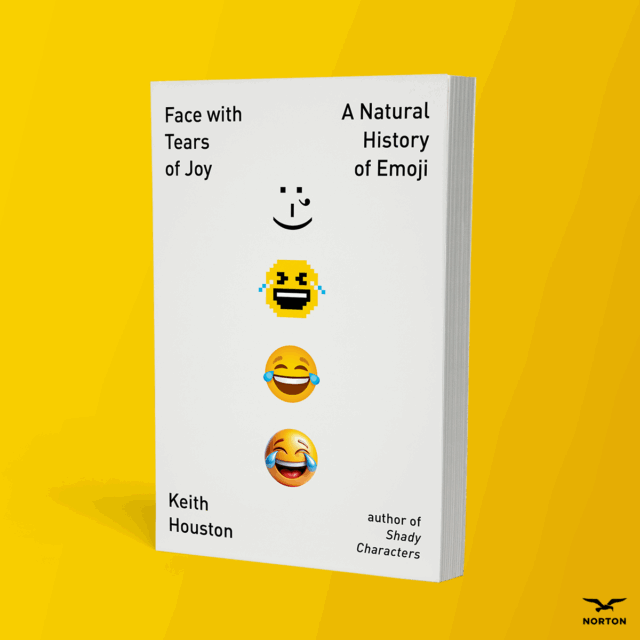 Thye book "Face with Tears of Joy", showing the face with tears of joy emoji throughout emoji history